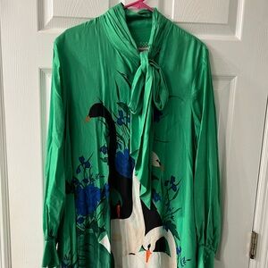 Anthropologie Maeve The Caroline Tie-Neck Mini Dress Size LG Swan Print Green